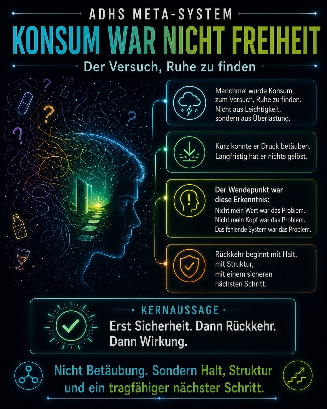 Grafik: Konsum war nicht Freiheit. Rückkehr beginnt mit Halt, Struktur und sicherem nächsten Schritt.